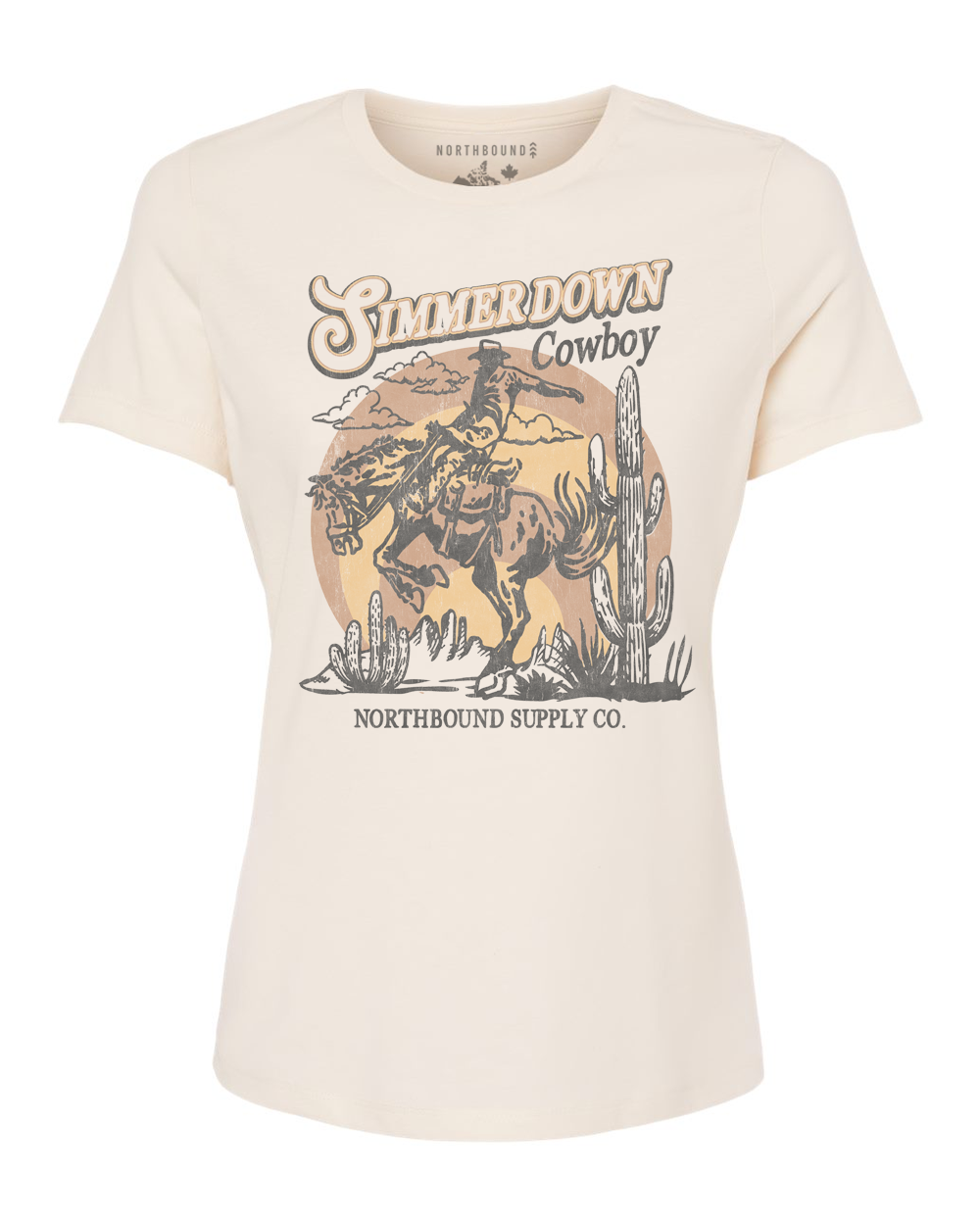 Beige t-shirt with 'Silmmerdown Cowboy' graphic design on a white background