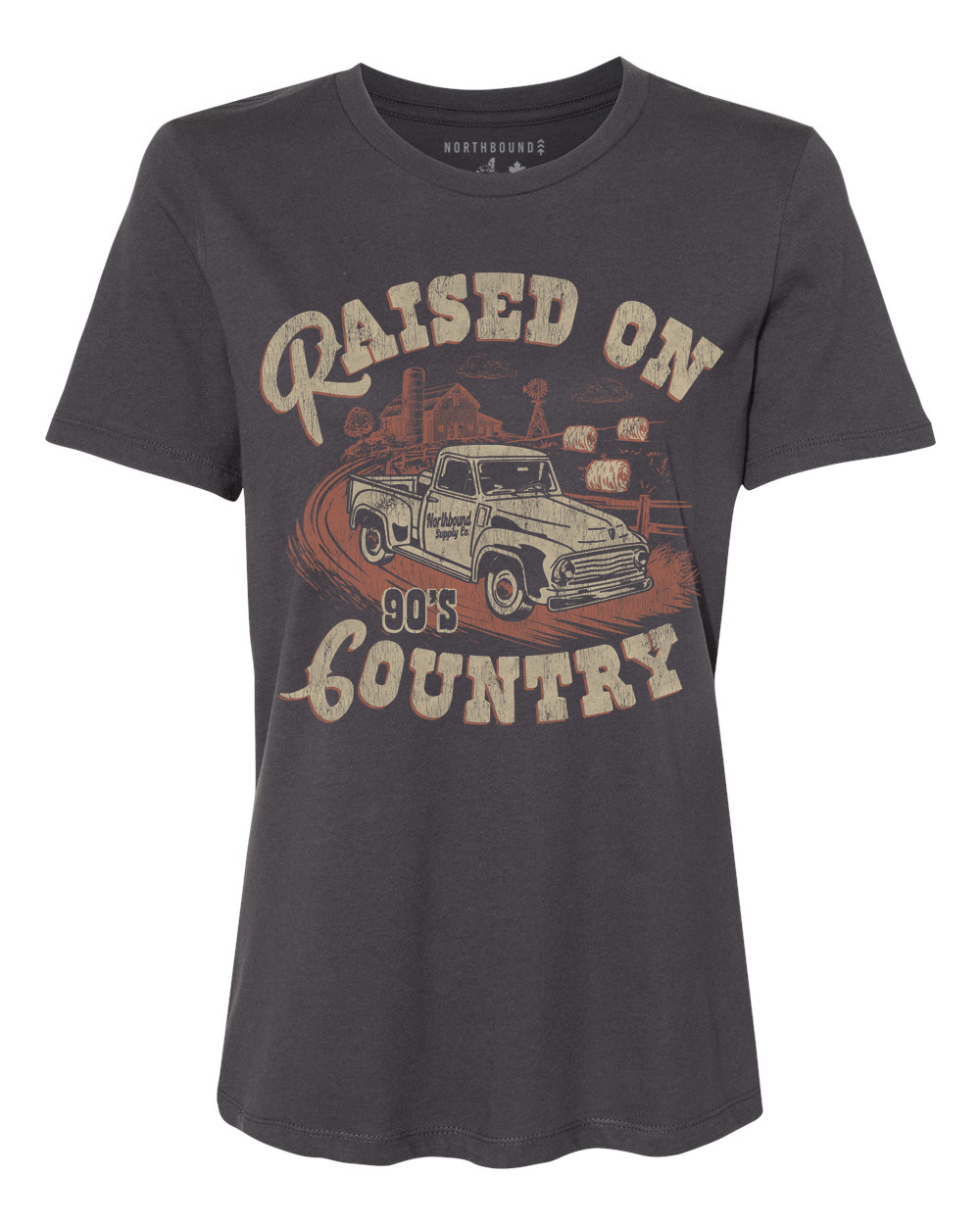 Gray t-shirt with 'Raised on 90's Country' graphic design on a white background