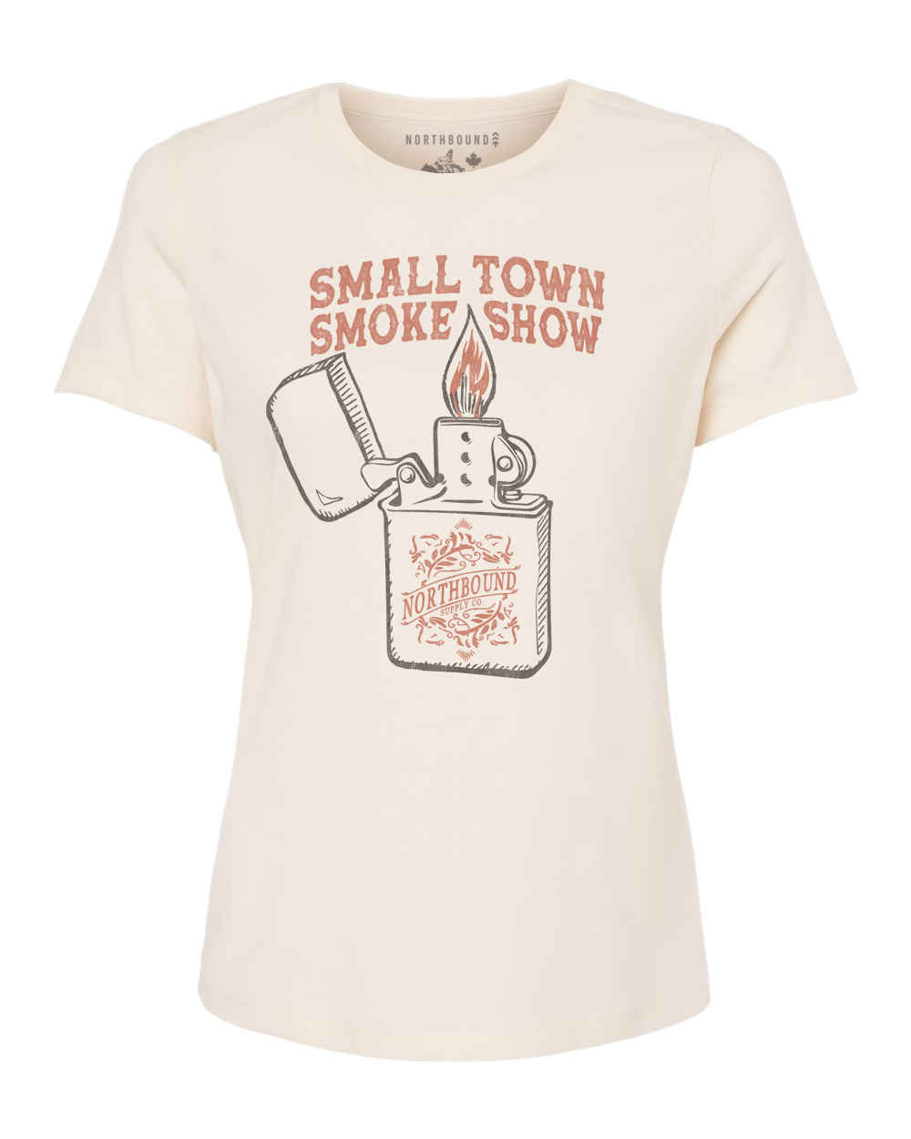 Beige t-shirt with graphic design and text 'Small Town Smoke Show' on a white background