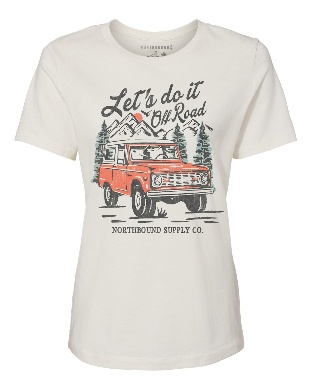White t-shirt with off-road vehicle graphic and text on a white background