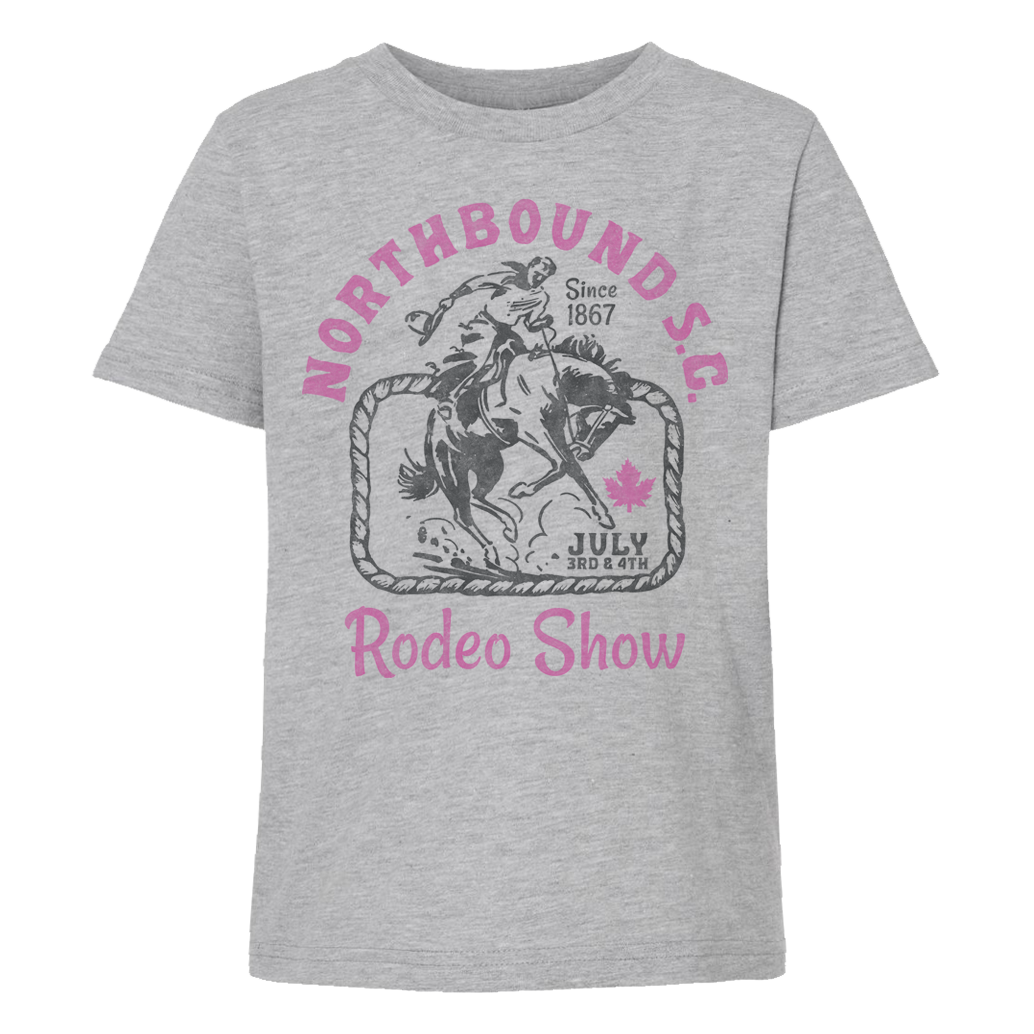 Grey tee with black cowboy graphic and pink Northbound S.C. Rodeo Show