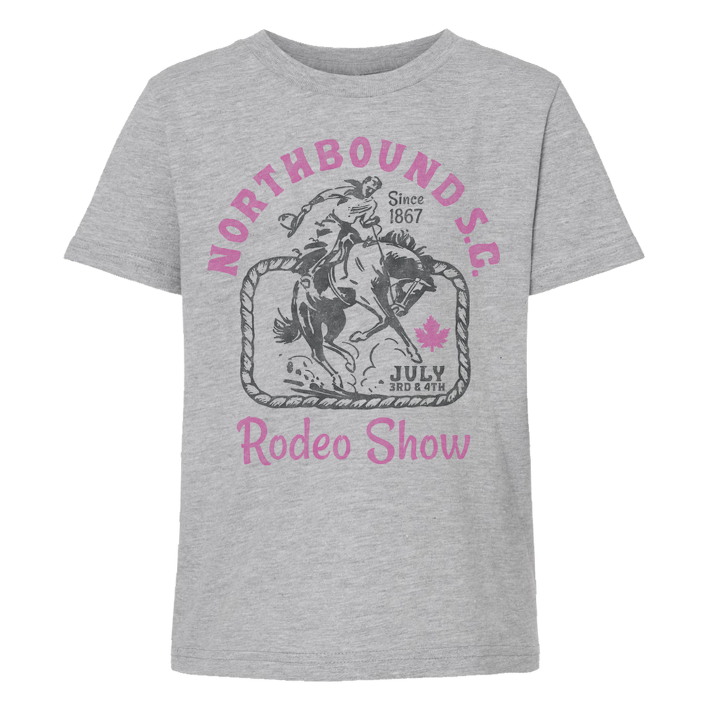 Grey tee with black cowboy graphic and pink Northbound S.C. Rodeo Show