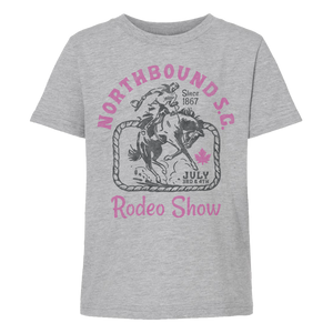 Grey tee with black cowboy graphic and pink Northbound S.C. Rodeo Show
