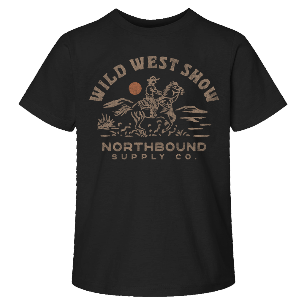 Black t-shirt with 'Wild West Show' graphic and 'Northbound Supply Co.' text on a white background