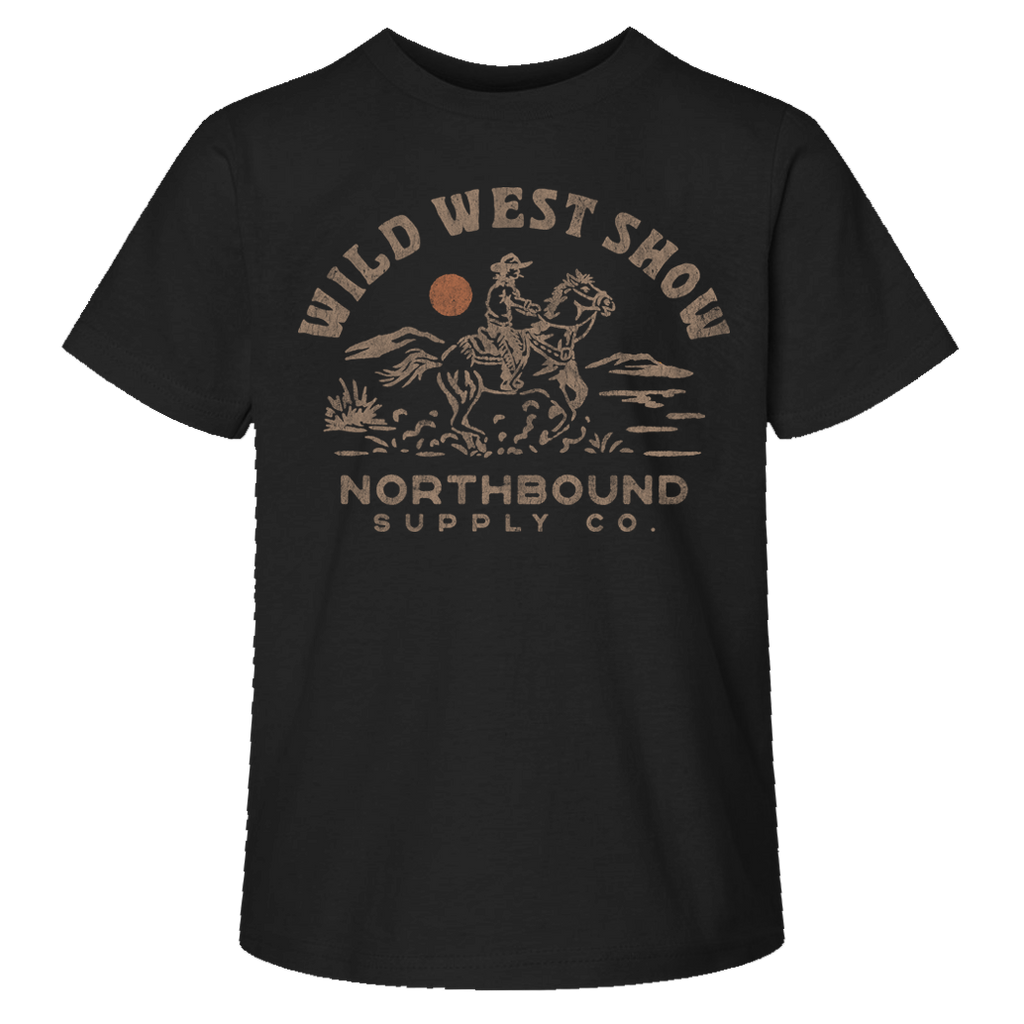 Black t-shirt with 'Wild West Show' graphic and 'Northbound Supply Co.' text on a white background