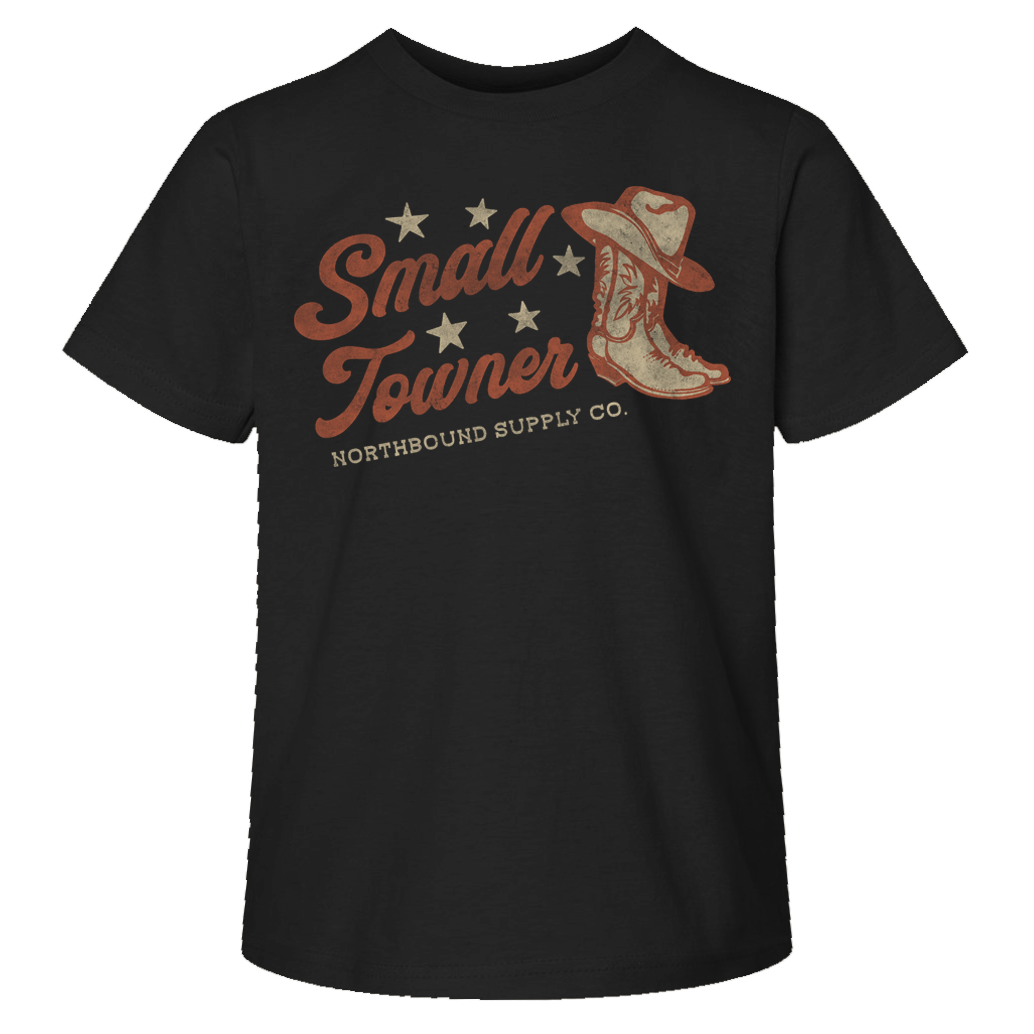 Black t-shirt with 'Small Towner' graphic and cowboy boot design on a white background