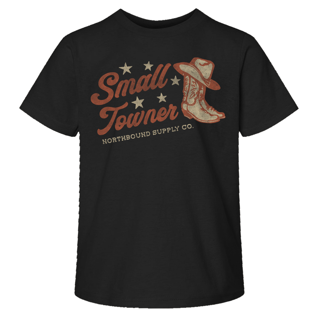 Black t-shirt with 'Small Towner' graphic and cowboy boot design on a white background