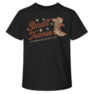 Black t-shirt with 'Small Towner' graphic and cowboy boot design on a white background