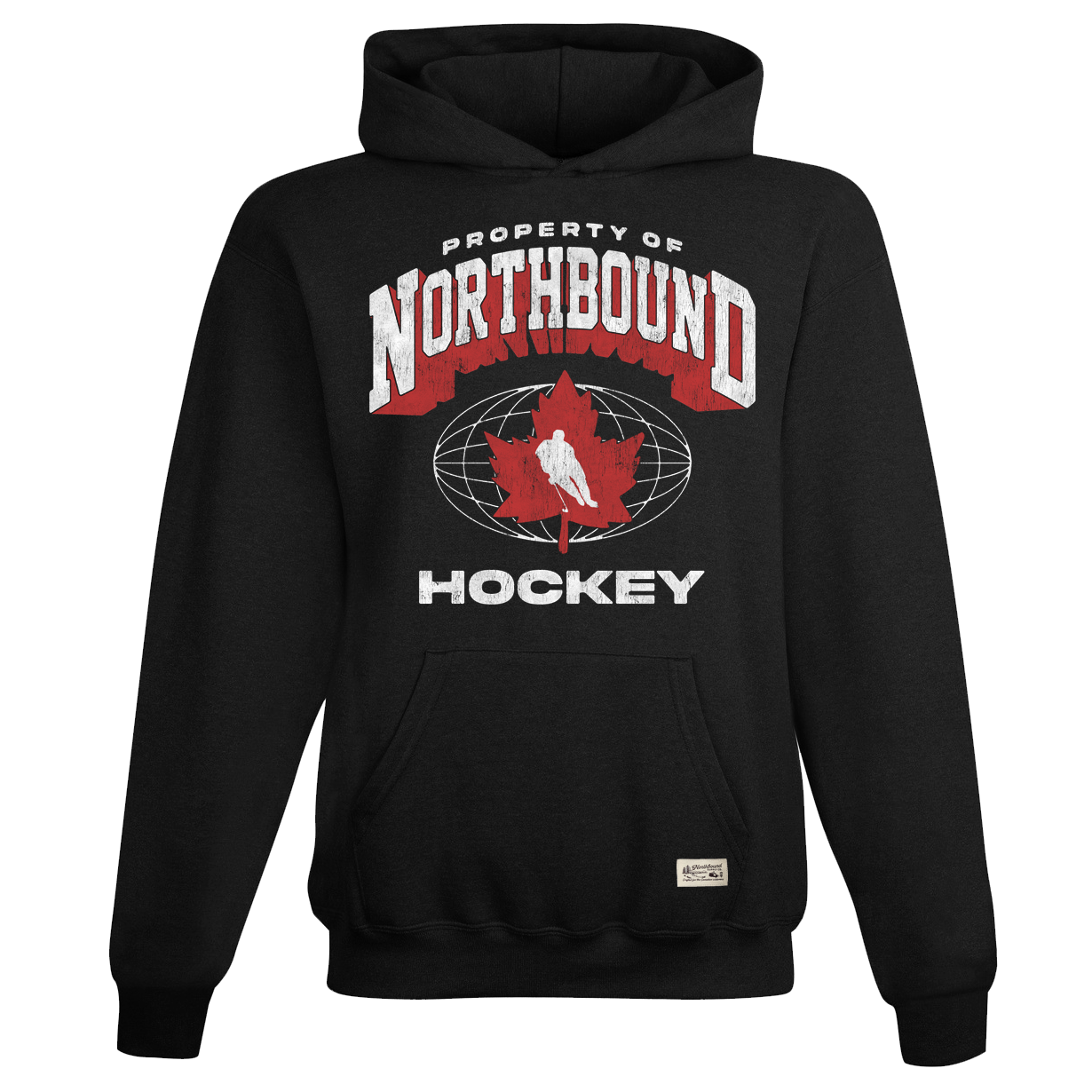 Black hoodie with 'Property of Northbound Hockey' design on a white background