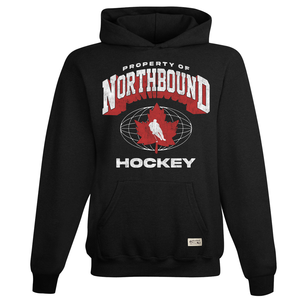 Black hoodie with 'Property of Northbound Hockey' design on a white background