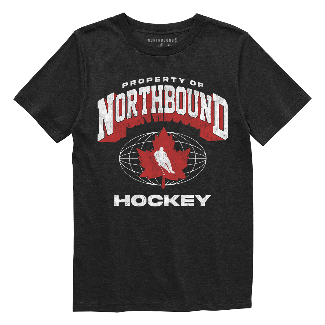 Black t-shirt with 'Property of Northbound Hockey' graphic on a white background