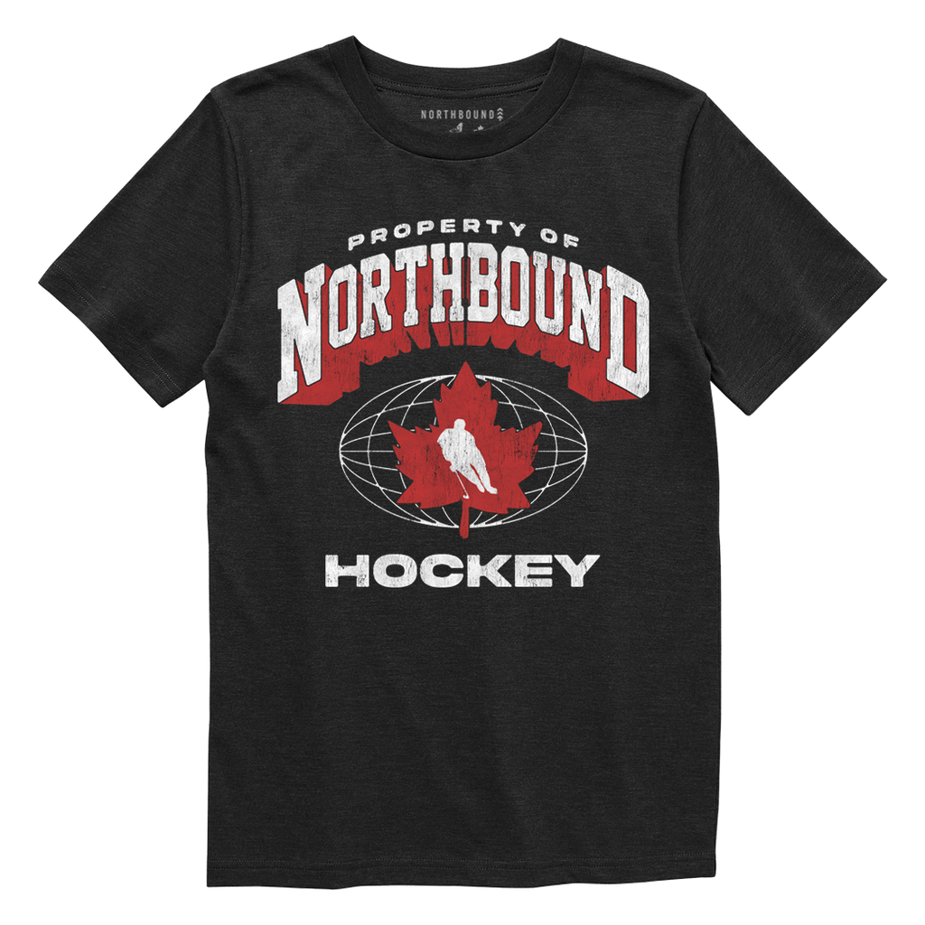 Black t-shirt with 'Property of Northbound Hockey' graphic on a white background