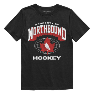 Black t-shirt with 'Property of Northbound Hockey' graphic on a white background