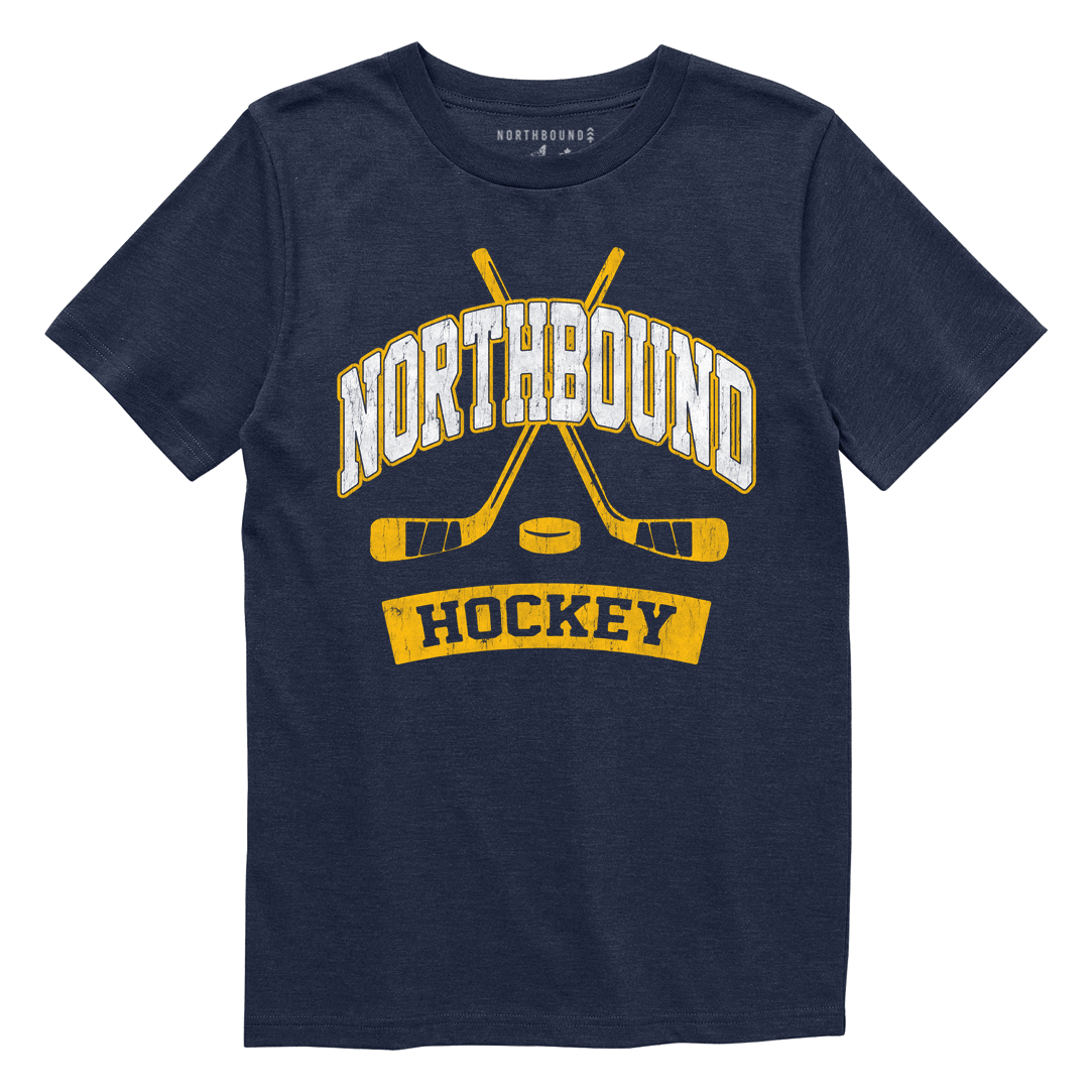 Navy blue t-shirt with 'Northbound Hockey' graphic on a white background