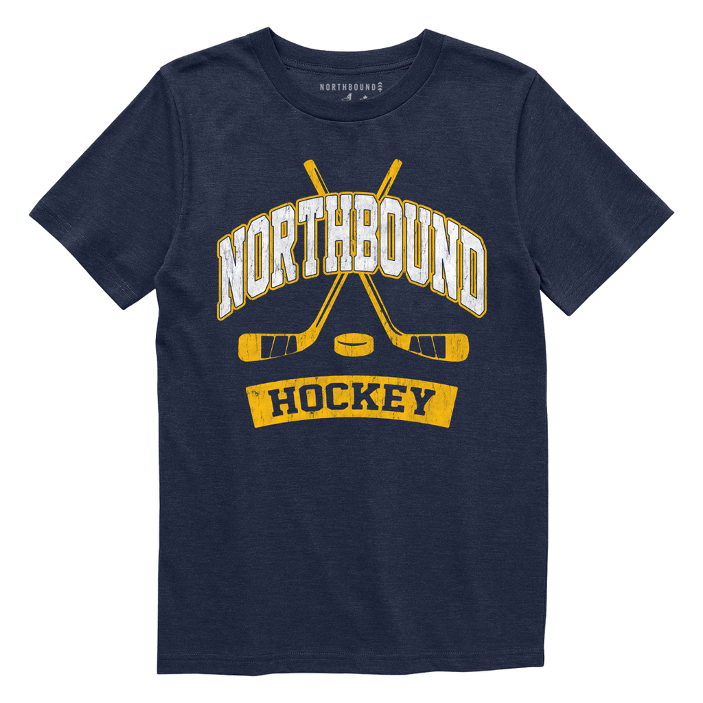 Navy blue t-shirt with 'Northbound Hockey' graphic on a white background