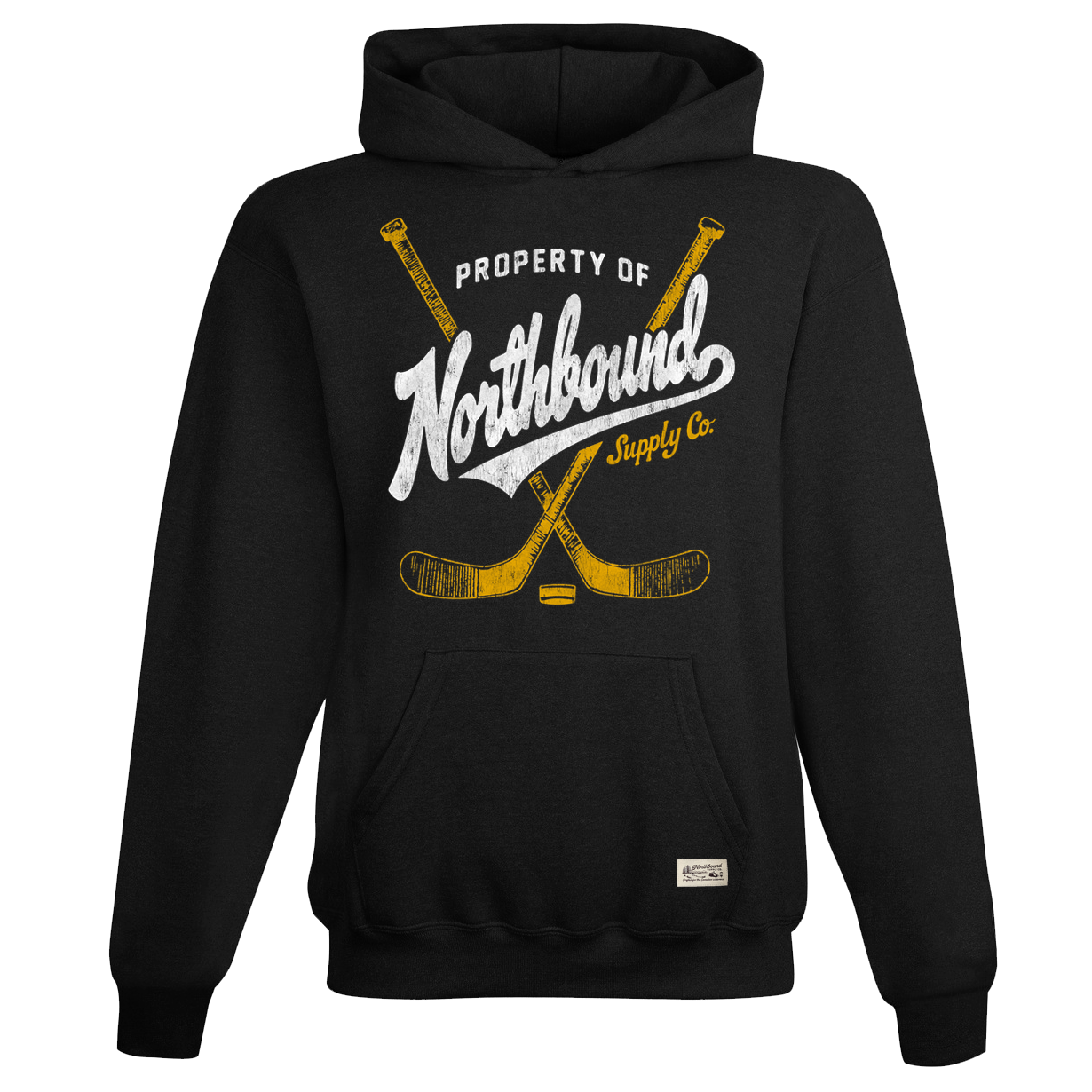 Black hoodie with 'Property of Northbound Supply Co.' text and hockey stick graphics on a white background