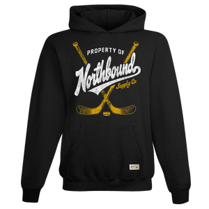 Black hoodie with 'Property of Northbound Supply Co.' text and hockey stick graphics on a white background