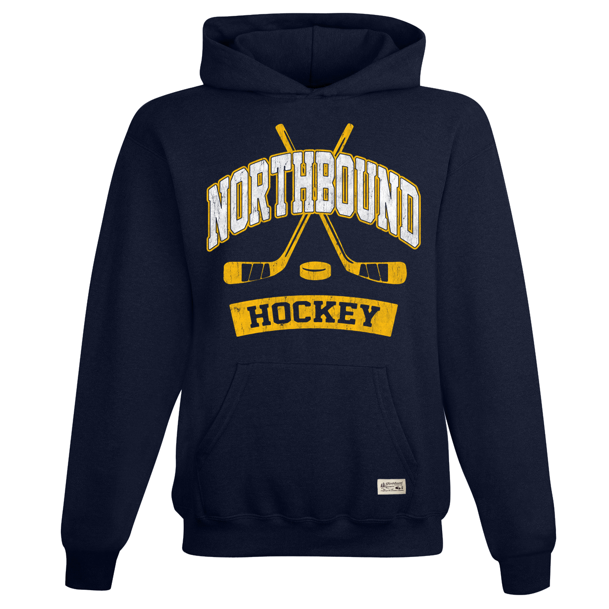 Navy blue hoodie with 'Northbound Hockey' text and hockey graphics on a white background