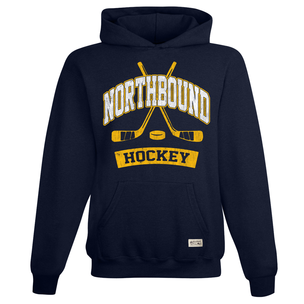 Navy blue hoodie with 'Northbound Hockey' text and hockey graphics on a white background