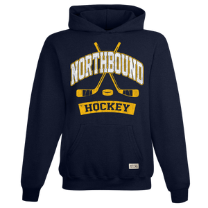 Navy blue hoodie with 'Northbound Hockey' text and hockey graphics on a white background