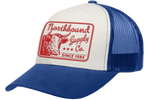 Load image into Gallery viewer, Blue and white cap with red logo and text on a white background
