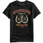Load image into Gallery viewer, Black t-shirt with 'Northbound Supply Co.' graphic design on a white background
