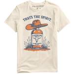 Load image into Gallery viewer, Beige t-shirt with a graphic of a whiskey bottle and cowboy hat, featuring the text 'That's the Spirit.'
