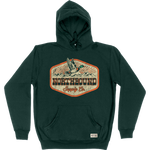 Load image into Gallery viewer, Green hoodie with a 'Northbound Supply Co' logo with a flying mallard duck on a white background

