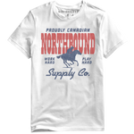 Load image into Gallery viewer, White t-shirt with red and blue text and graphics on a white background
