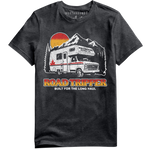 Load image into Gallery viewer, Black t-shirt with 'Road Tripper' graphic design featuring an RV and mountains on a white background.
