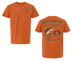 Load image into Gallery viewer, Orange t-shirt with 'Northbound Bait &amp; Tackle Shop Rural Canada' design on a white background
