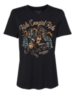 Load image into Gallery viewer, Black t-shirt with graphic design of a cowgirl riding a horse and text 'Ride Cowgirl Ride' on a white background.
