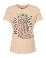 Load image into Gallery viewer, Beige t-shirt with cowboy boot graphic and 'Howdy Darlin'' text on a white background
