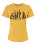 Load image into Gallery viewer, Yellow t-shirt with forest graphic and 'Wilder' text on a white background
