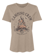 Load image into Gallery viewer, Beige t-shirt with 'Camping Crew' graphic and campfire design on a white background
