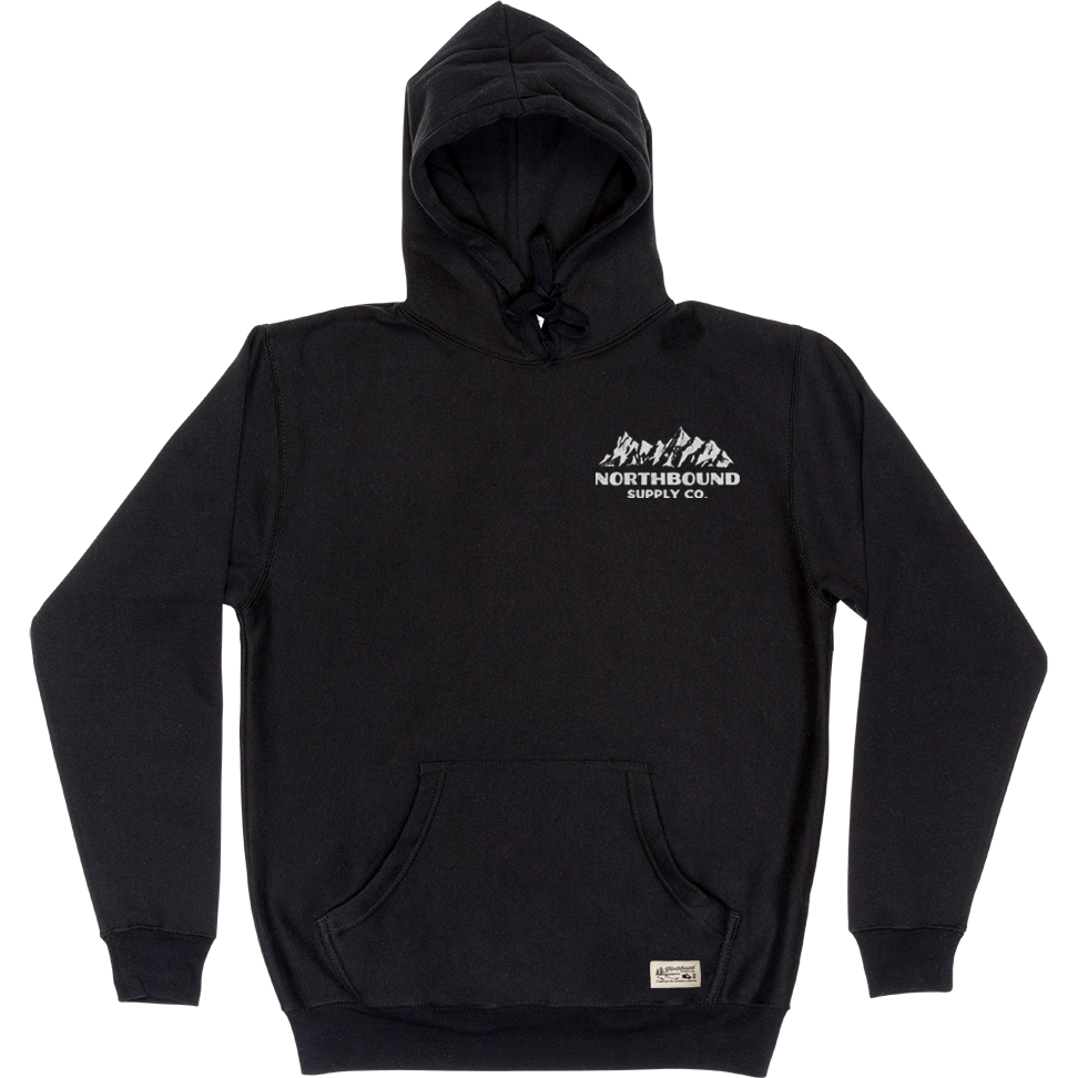 Black unisex hoodie with mountain graphic with words Northbound Supply Co 