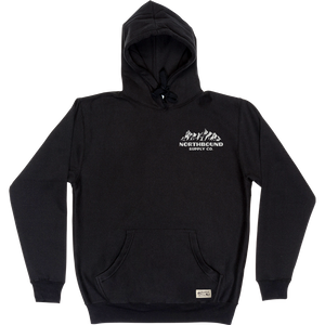 Black unisex hoodie with mountain graphic with words Northbound Supply Co 