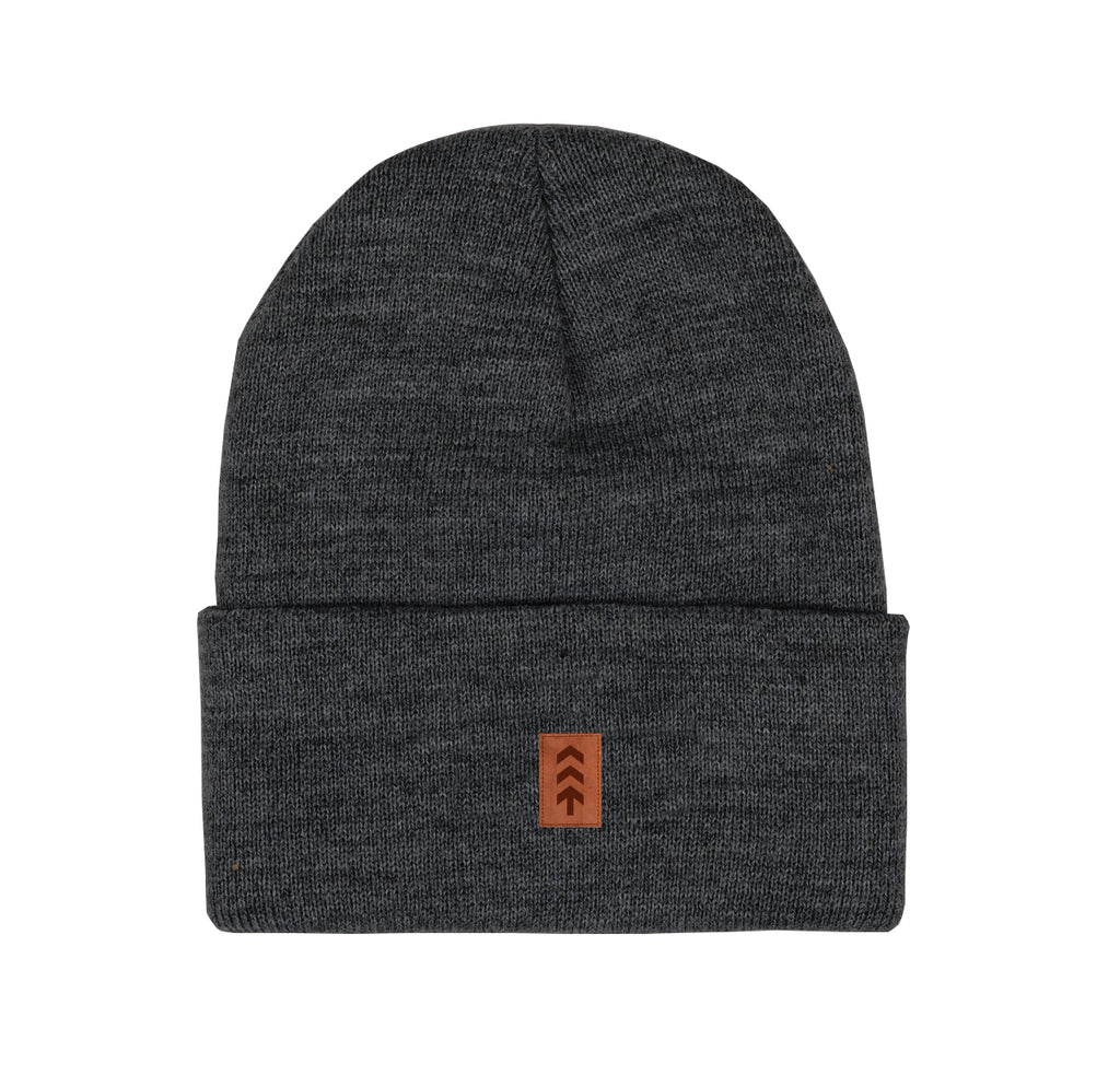 Gray beanie with a brown logo patch on a white background
