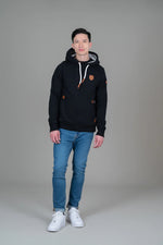 Load image into Gallery viewer, Men&#39;s black hoodie with white drawstring and brown vegan leather details. 
