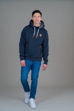 Load image into Gallery viewer, Navy hoodie with white drawstrings and brown vegan leather details.
