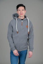 Load image into Gallery viewer, Dark grey men&#39;s full zip hoodie with brown vegan leather patch
