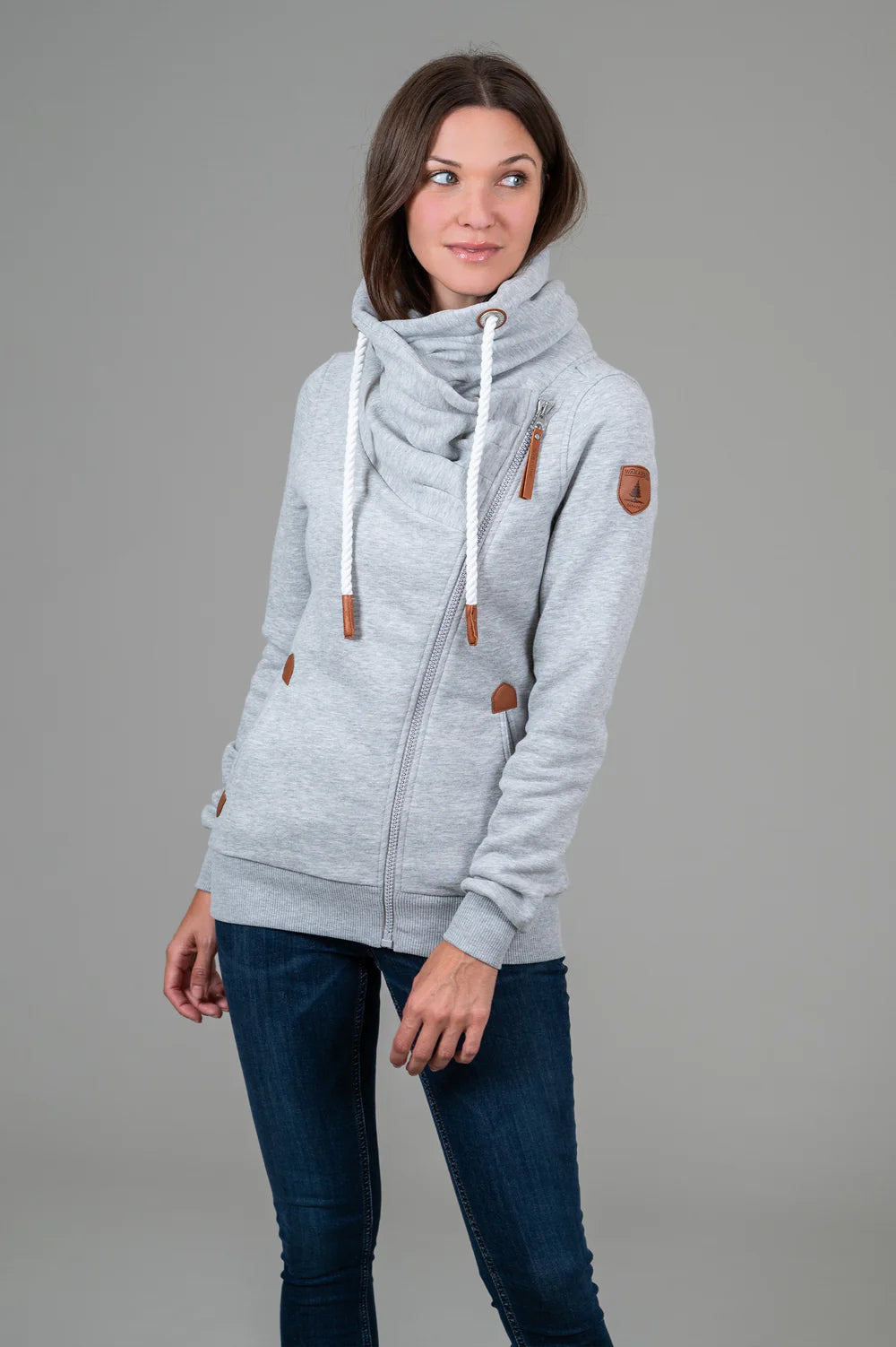 Light grey full zip up hoodie with brown vegan leather accents. 