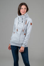 Load image into Gallery viewer, Light grey full zip up hoodie with brown vegan leather accents. 
